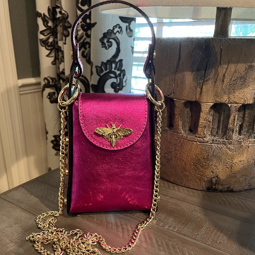 NWOT Vera Pelle Italian Leather Bee Handbag in Metallic Pink and Brilliant Gold - Picture 4 of 16